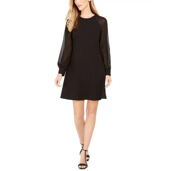 Calvin Klein Women's Size 4 Black Sheer Illusion-Sleeve A-Line Mini Dress NWT - Picture 1 of 13